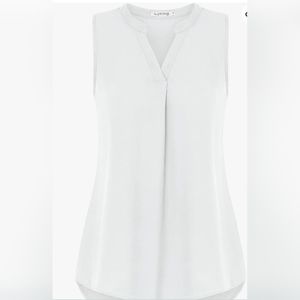 Henley V Neck Sleeveless Curved Hem Chiffon white blouse